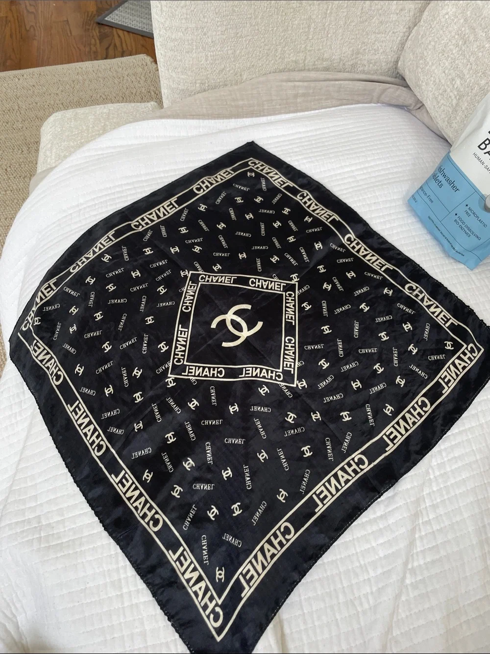CHANEL Black and Cream Signature Silk Square Scarf